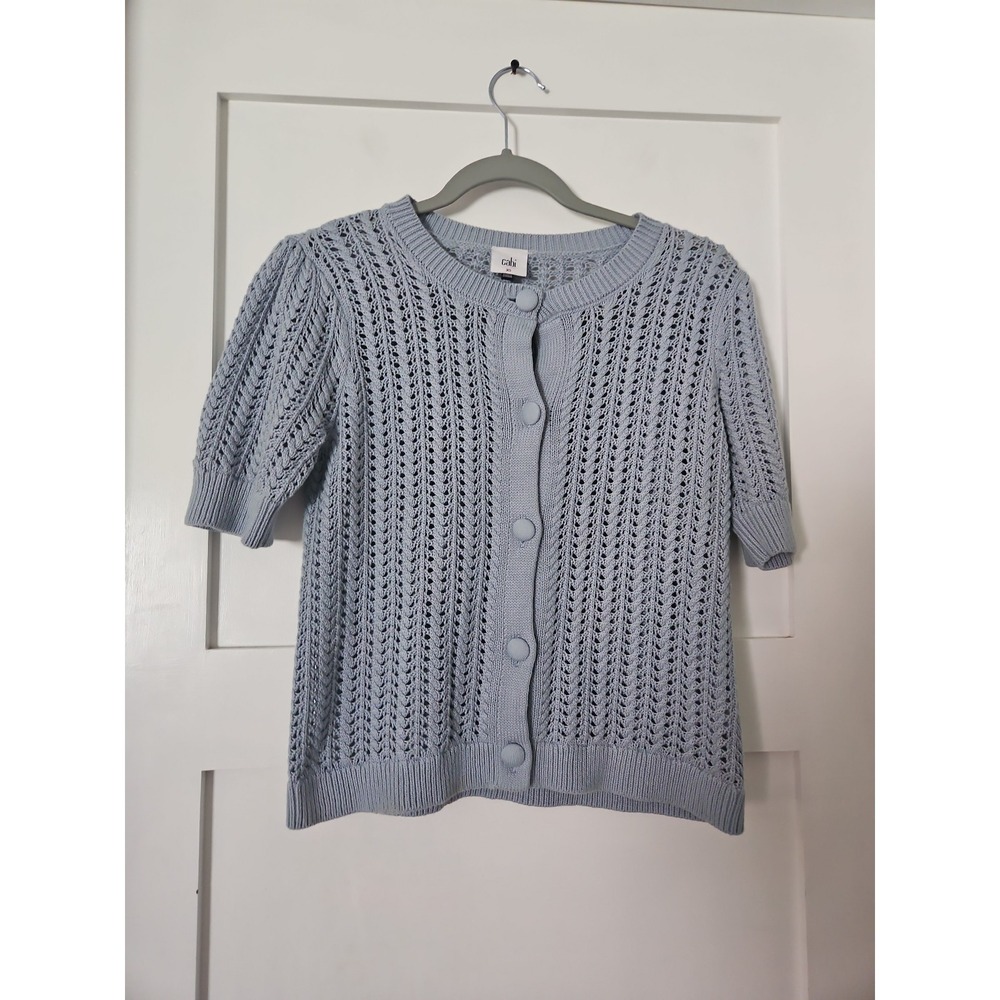 CAbI Open Work Crochet Knit Cardigan Sweater Blue Short Sleeve Button Front XS